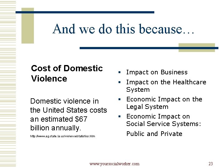 And we do this because… Cost of Domestic Violence Domestic violence in the United