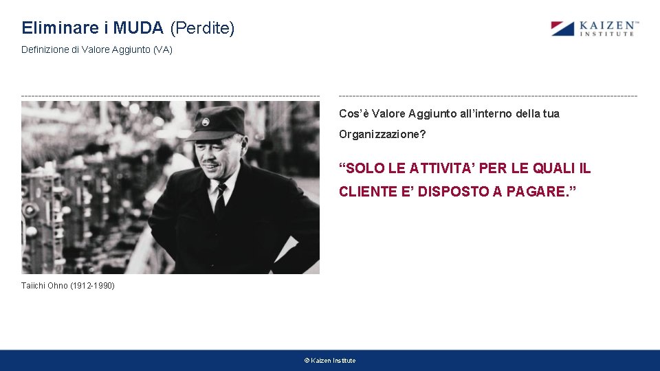 Eliminare i MUDA (Perdite) Definizione di Valore Aggiunto (VA) Cos’è Valore Aggiunto all’interno della Eliminare i MUDA (Perdite) Definizione di Valore Aggiunto (VA) Cos’è Valore Aggiunto all’interno della