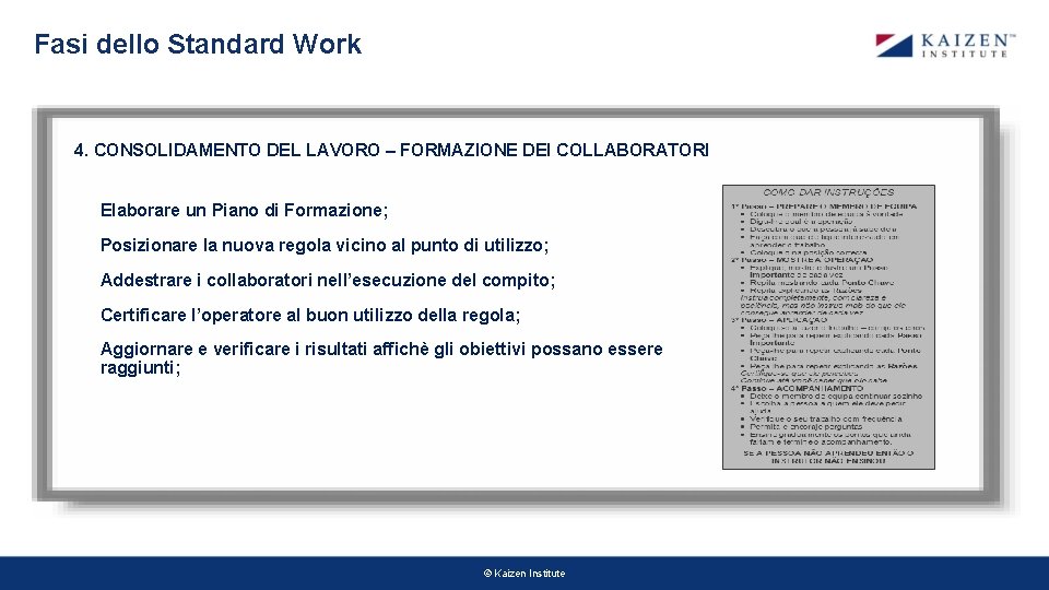 Fasi dello Standard Work 4. CONSOLIDAMENTO DEL LAVORO – FORMAZIONE DEI COLLABORATORI Elaborare un Fasi dello Standard Work 4. CONSOLIDAMENTO DEL LAVORO – FORMAZIONE DEI COLLABORATORI Elaborare un