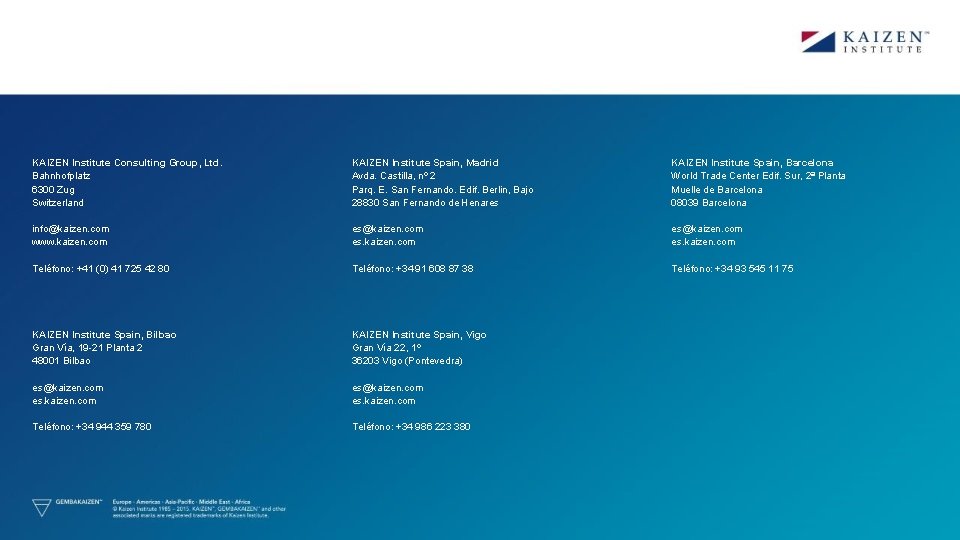 KAIZEN Institute Consulting Group, Ltd. Bahnhofplatz 6300 Zug Switzerland KAIZEN Institute Spain, Madrid Avda. KAIZEN Institute Consulting Group, Ltd. Bahnhofplatz 6300 Zug Switzerland KAIZEN Institute Spain, Madrid Avda.