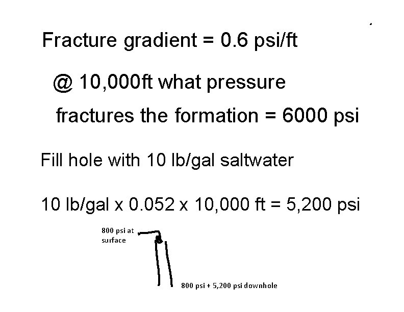 Fracture gradient = 0. 6 psi/ft @ 10, 000 ft what pressure fractures the