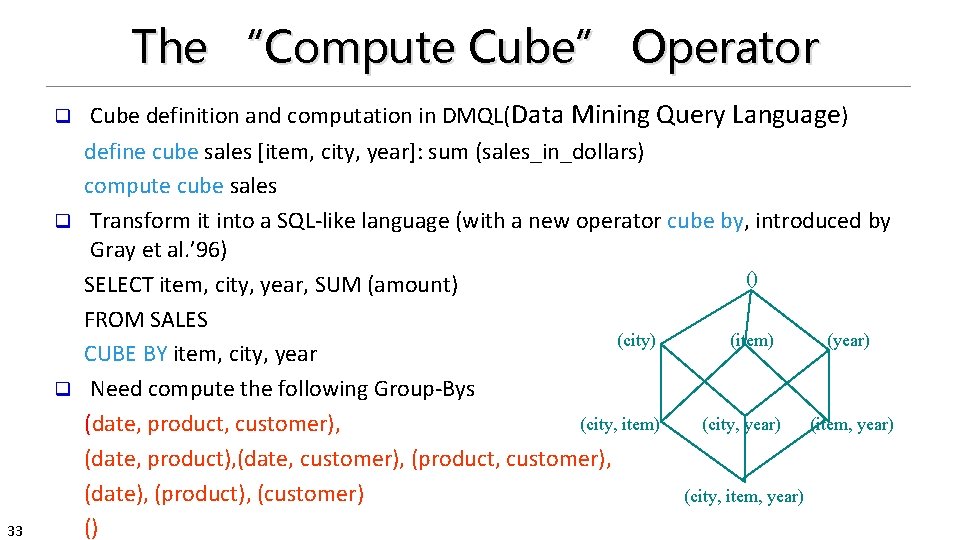 The “Compute Cube” Operator Cube definition and computation in DMQL(Data Mining Query Language) define