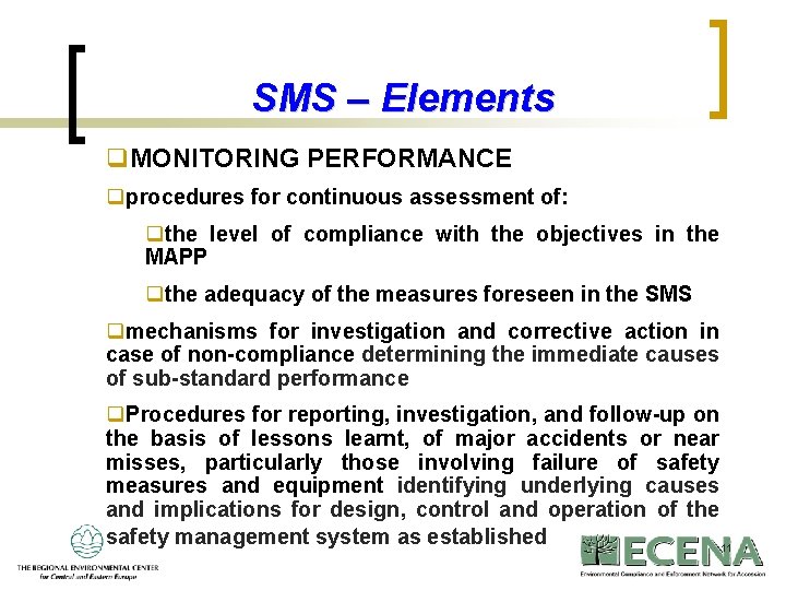 SMS – Elements q. MONITORING PERFORMANCE qprocedures for continuous assessment of: qthe level of