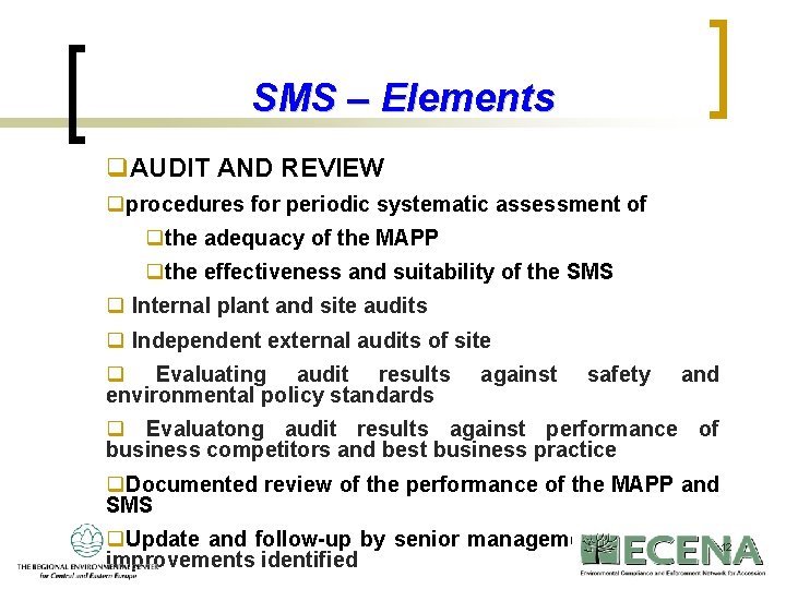 SMS – Elements q. AUDIT AND REVIEW qprocedures for periodic systematic assessment of qthe
