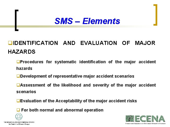 SMS – Elements q. IDENTIFICATION AND EVALUATION OF MAJOR HAZARDS q. Procedures for systematic