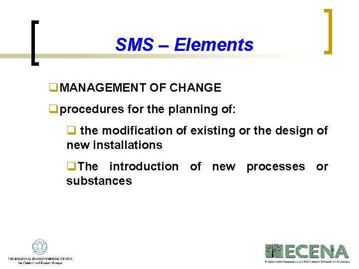 SMS – Elements q. MANAGEMENT OF CHANGE qprocedures for the planning of: q the