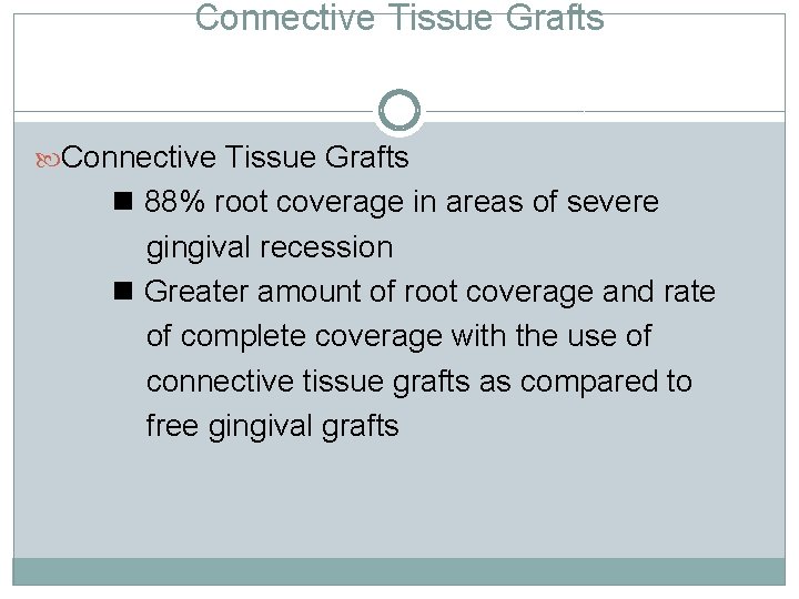 Connective Tissue Grafts 88% root coverage in areas of severe gingival recession Greater amount
