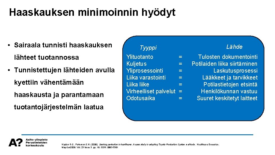 Haaskauksen minimoinnin hyödyt • Sairaala tunnisti haaskauksen lähteet tuotannossa • Tunnistettujen lähteiden avulla kyettiin