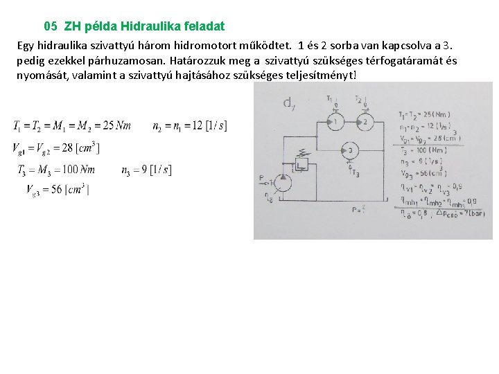 05 ZH példa Hidraulika feladat Egy hidraulika szivattyú három hidromotort működtet. 1 és 2