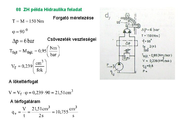 08 ZH példa Hidraulika feladat Forgató méretezése Csővezeték veszteségei A lökettérfogat A térfogatáram 