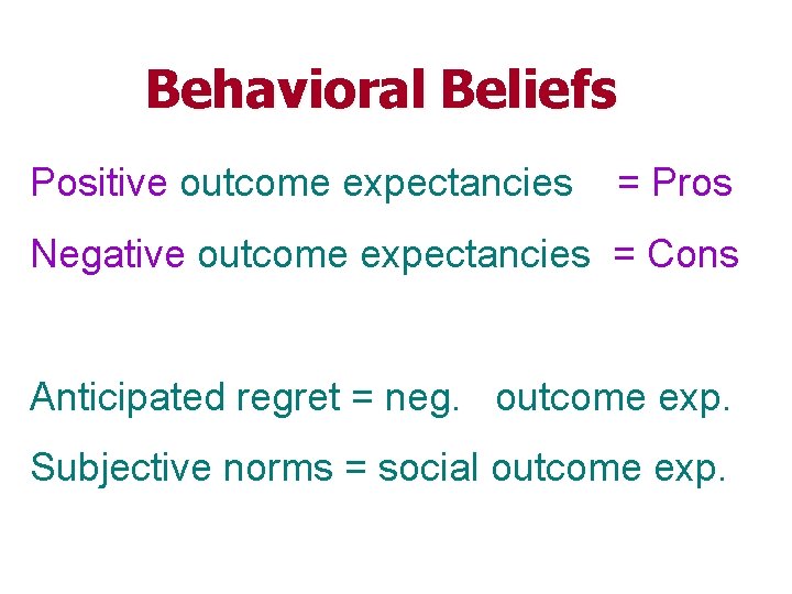 Behavioral Beliefs Positive outcome expectancies = Pros Negative outcome expectancies = Cons Anticipated regret