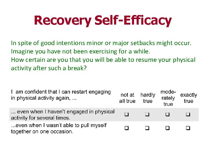 Recovery Self-Efficacy In spite of good intentions minor or major setbacks might occur. Imagine