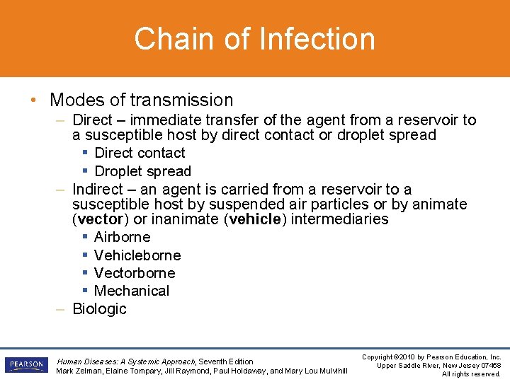 Chain of Infection • Modes of transmission – Direct – immediate transfer of the