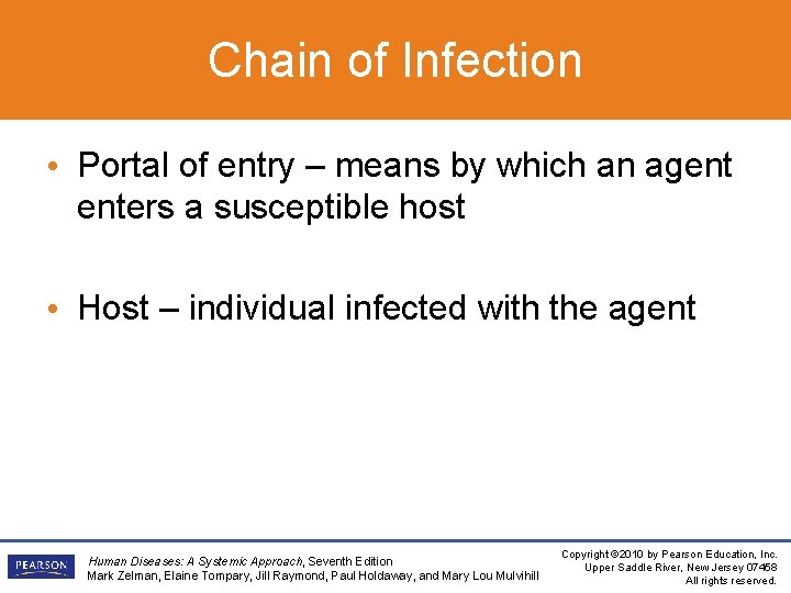 Chain of Infection • Portal of entry – means by which an agent enters