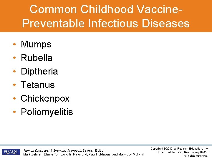 Common Childhood Vaccine. Preventable Infectious Diseases • • • Mumps Rubella Diptheria Tetanus Chickenpox