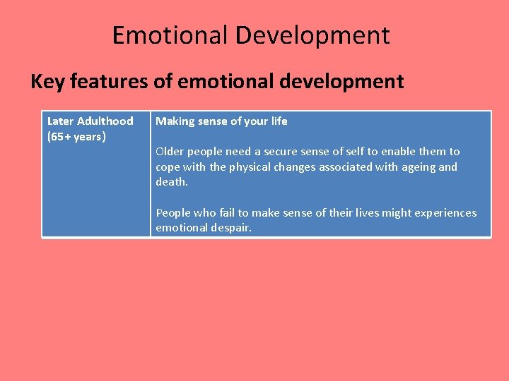 Emotional Development Key features of emotional development Later Adulthood (65+ years) Making sense of