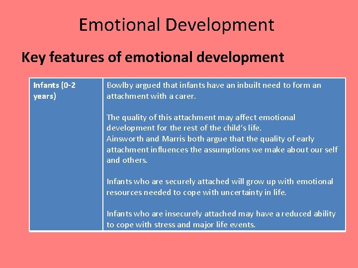 Emotional Development Key features of emotional development Infants (0 -2 years) Bowlby argued that