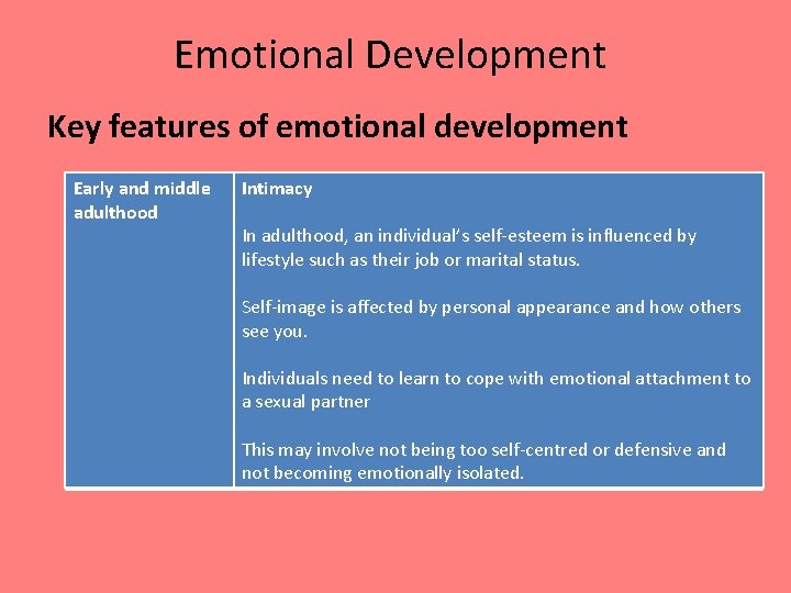 Emotional Development Key features of emotional development Early and middle adulthood Intimacy In adulthood,