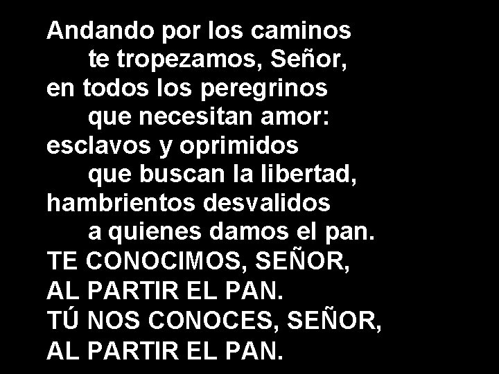 Andando por los caminos te tropezamos, Señor, en todos los peregrinos que necesitan amor: