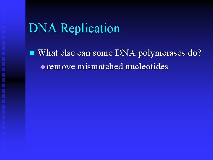DNA Replication n What else can some DNA polymerases do? u remove mismatched nucleotides
