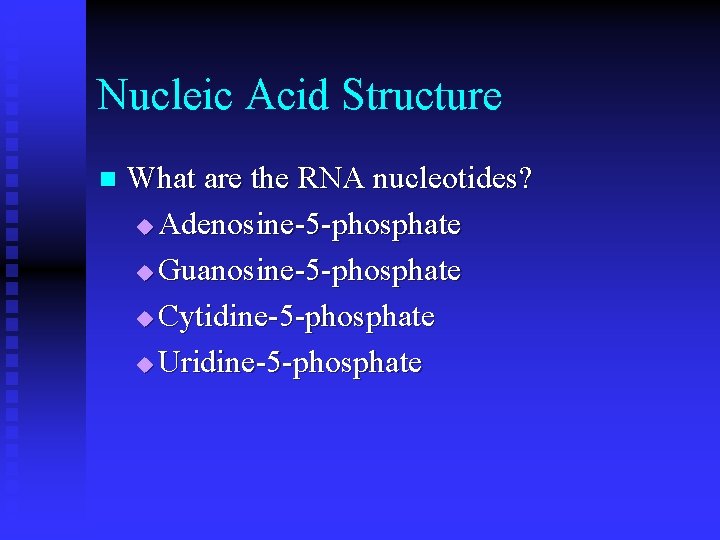 Nucleic Acid Structure n What are the RNA nucleotides? u Adenosine-5 -phosphate u Guanosine-5