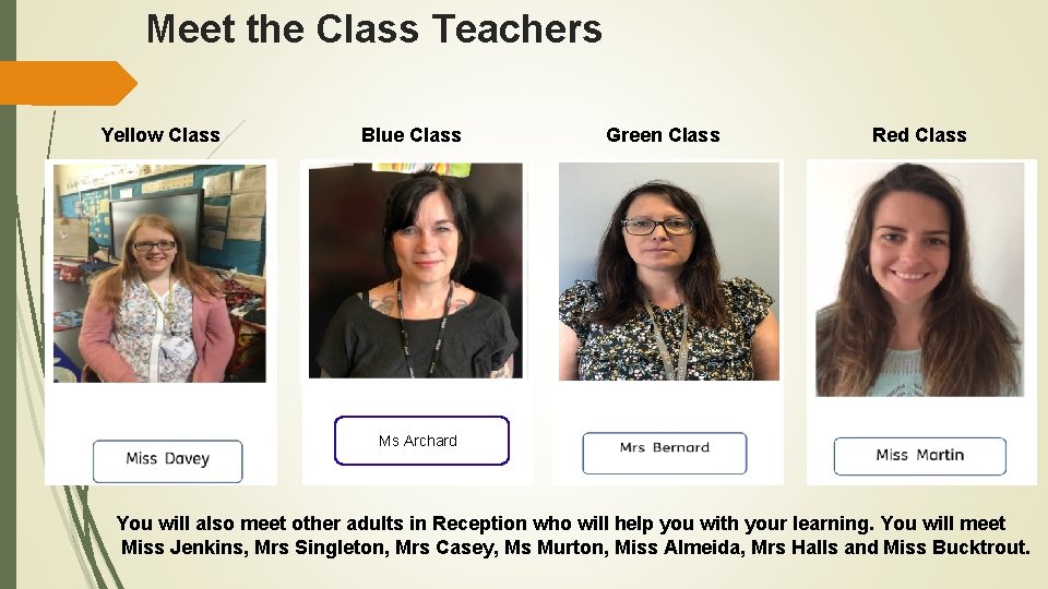 Meet the Class Teachers Yellow Class Blue Class Green Class Red Class Ms Archard