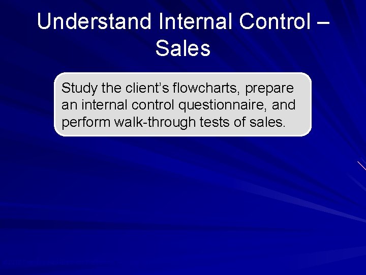 Understand Internal Control – Sales Study the client’s flowcharts, prepare an internal control questionnaire,