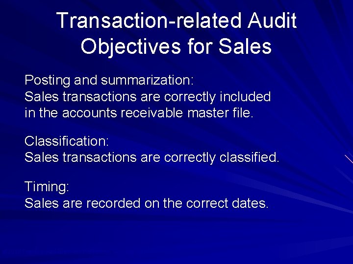 Transaction-related Audit Objectives for Sales Posting and summarization: Sales transactions are correctly included in