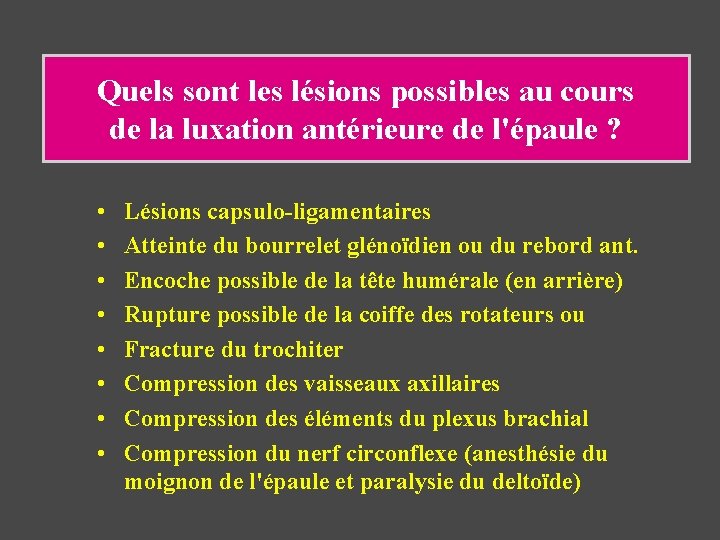 Quels sont les lésions possibles au cours de la luxation antérieure de l'épaule ?