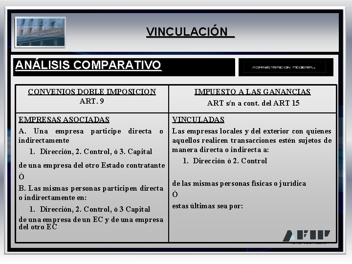VINCULACIÓN ANÁLISIS COMPARATIVO CONVENIOS DOBLE IMPOSICION ART. 9 IMPUESTO A LAS GANANCIAS ART s/n