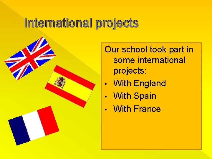 International projects Our school took part in some international projects: • With England •