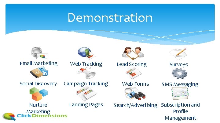 Demonstration Email Marketing Web Tracking Social Discovery Campaign Tracking Nurture Marketing Landing Pages Lead