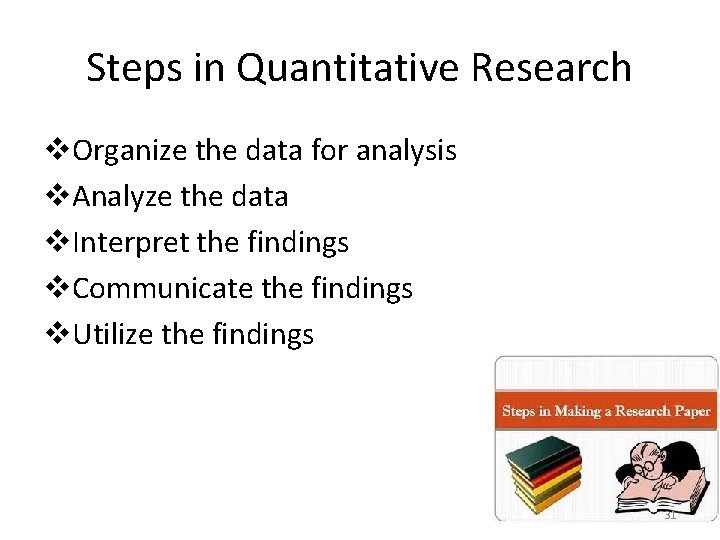 Steps in Quantitative Research v. Organize the data for analysis v. Analyze the data