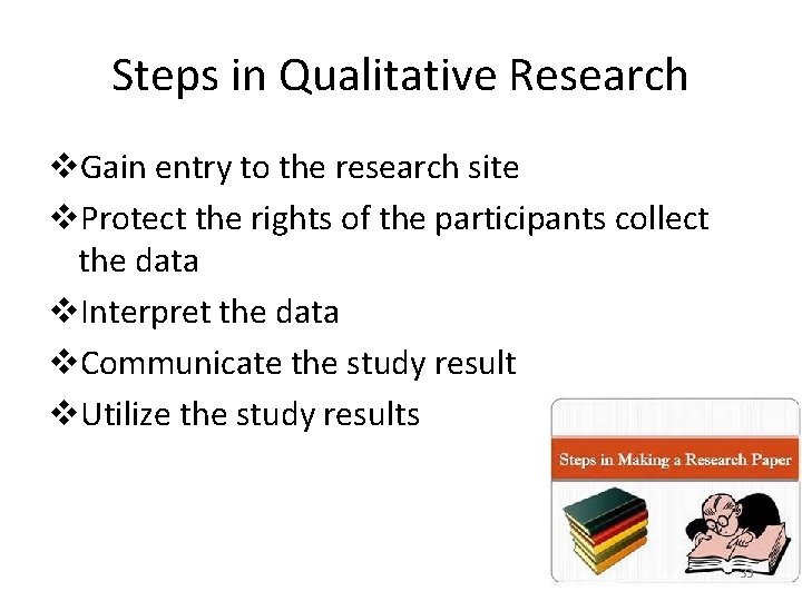 Steps in Qualitative Research v. Gain entry to the research site v. Protect the
