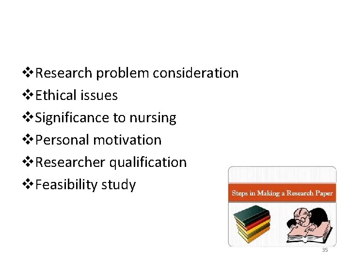 v. Research problem consideration v. Ethical issues v. Significance to nursing v. Personal motivation