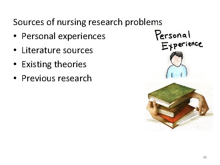 Sources of nursing research problems • Personal experiences • Literature sources • Existing theories