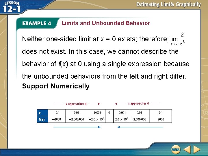 Limits and Unbounded Behavior Neither one-sided limit at x = 0 exists; therefore, does