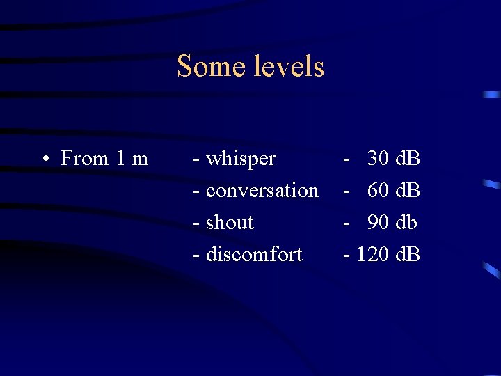 Some levels • From 1 m - whisper - conversation - shout - discomfort