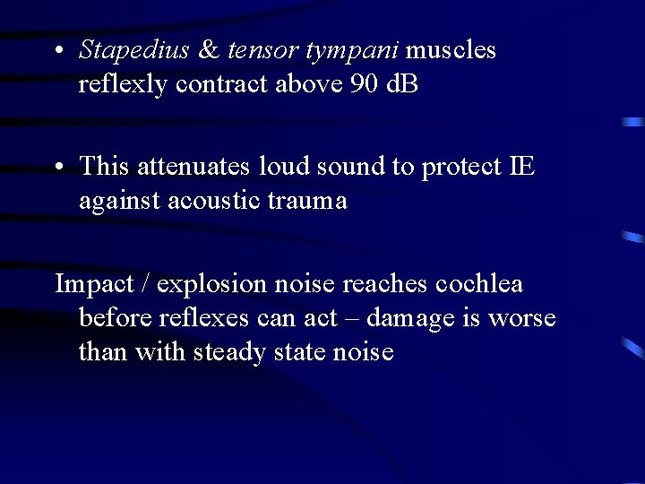  • Stapedius & tensor tympani muscles reflexly contract above 90 d. B •
