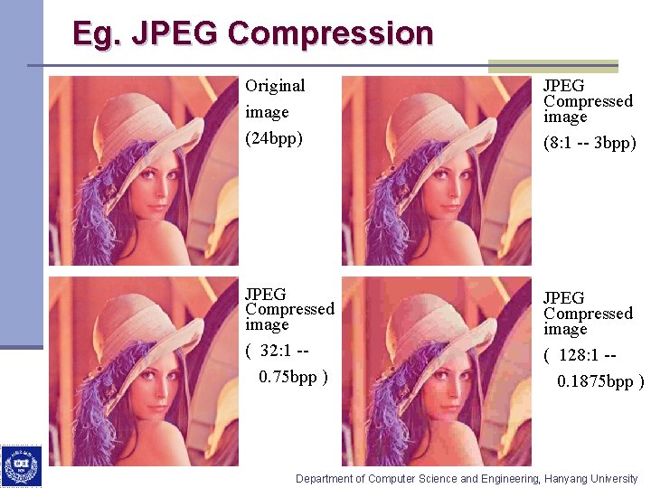 Eg. JPEG Compression Original image (24 bpp) JPEG Compressed image (8: 1 -- 3