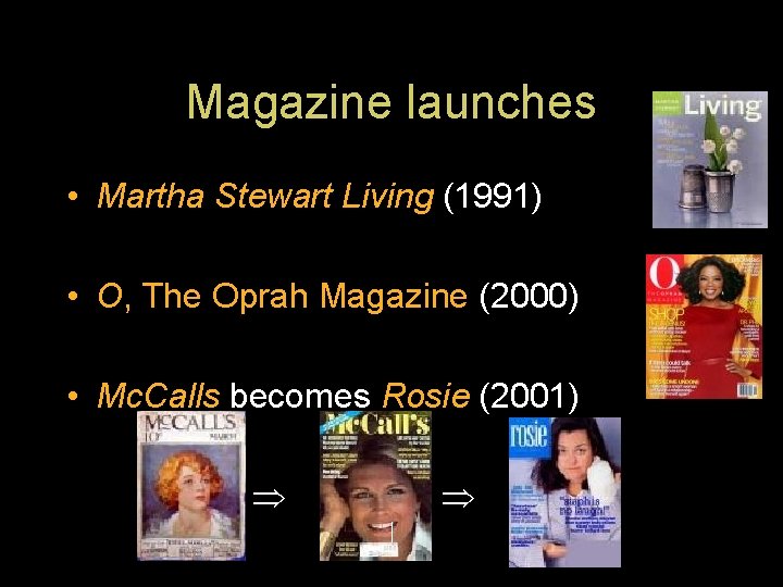 Magazine launches • Martha Stewart Living (1991) • O, The Oprah Magazine (2000) •