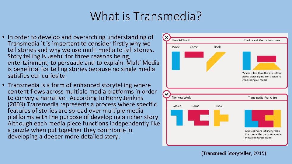 What is Transmedia? • In order to develop and overarching understanding of Transmedia it