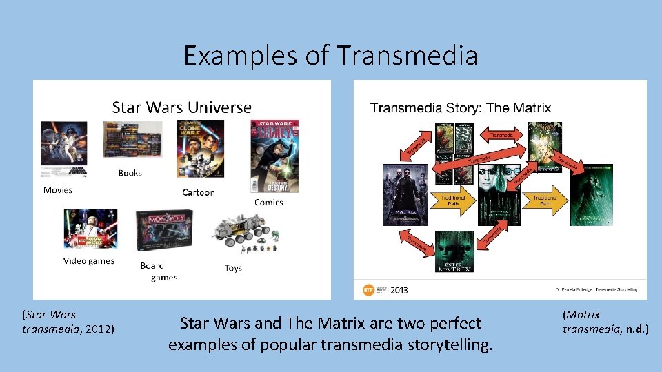 Examples of Transmedia (Star Wars transmedia, 2012) Star Wars and The Matrix are two
