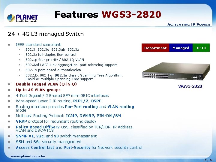 Features WGS 3 -2820 24 + 4 G L 3 managed Switch l IEEE