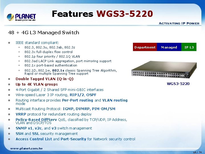 Features WGS 3 -5220 48 + 4 G L 3 Managed Switch l IEEE