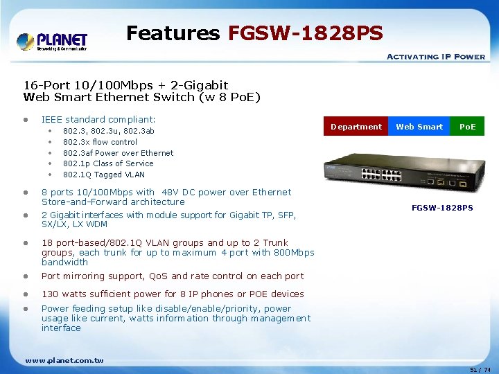 Features FGSW-1828 PS 16 -Port 10/100 Mbps + 2 -Gigabit Web Smart Ethernet Switch