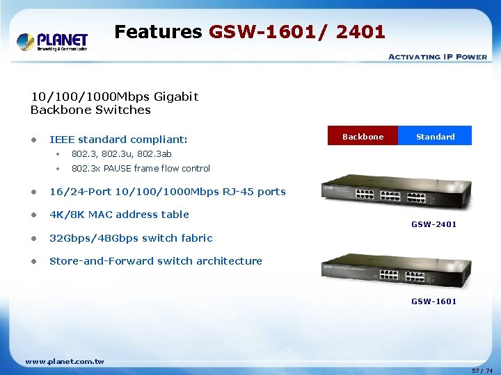 Features GSW-1601/ 2401 10/1000 Mbps Gigabit Backbone Switches l IEEE standard compliant: • 802.