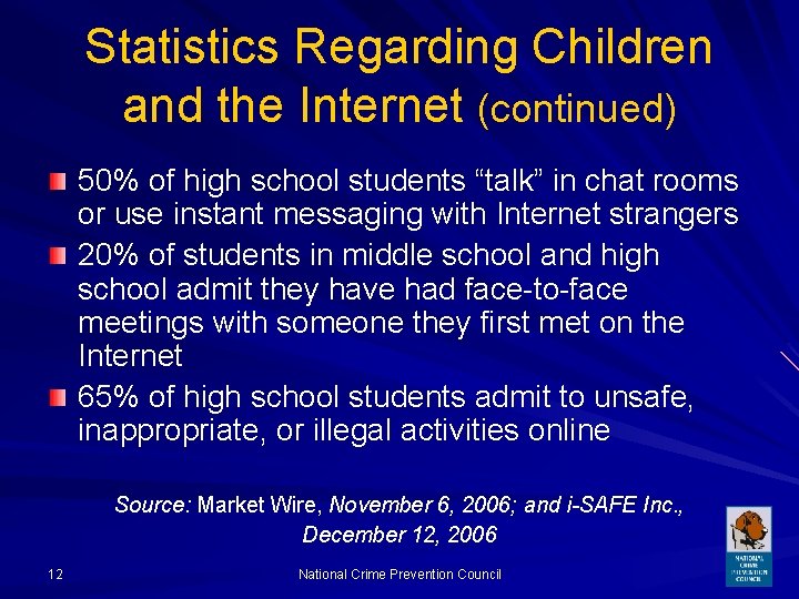 Statistics Regarding Children and the Internet (continued) 50% of high school students “talk” in