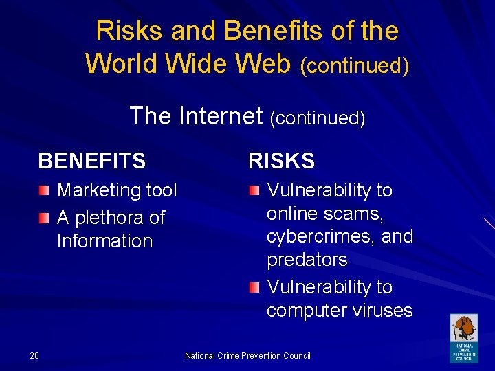 Risks and Benefits of the World Wide Web (continued) The Internet (continued) BENEFITS Marketing