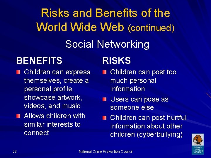 Risks and Benefits of the World Wide Web (continued) Social Networking BENEFITS RISKS Children